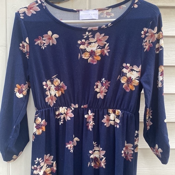 French Grey Navy Fall Floral Maternity Midi Dress 3/4 sleeves empire waist - Picture 7 of 12